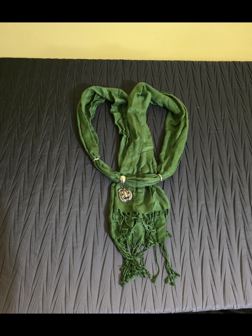 Green Lightweight Scarf with Pumpkin Pendant. 78in. - Picture 2 of 2